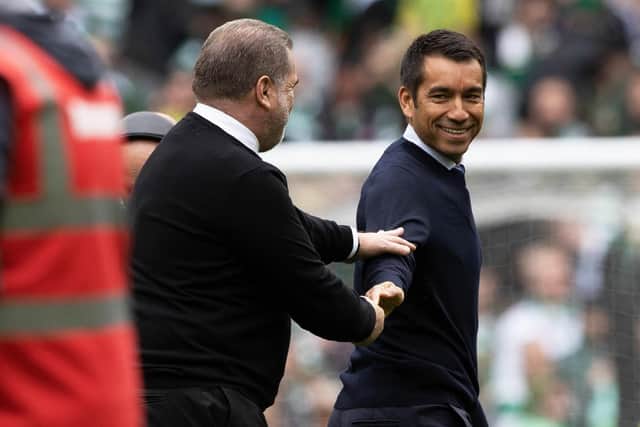 Celtic manager Ange Postecoglou and Rangers counterpart Giovanni van Bronckhorst after the 1-1 draw at Parkhead on May 1.  (Photo by Craig Williamson / SNS Group)