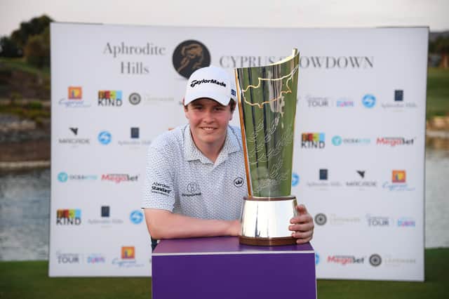Bob MacIntyre poses with the trophy after winning the Aphrodite Hills Cyprus Showdown at Aphrodite Hills Resort in Paphos on Sunday. Picture: Ross Kinnaird/Getty Images