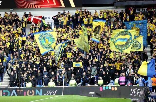 A large travelling Brondby support were at Ibrox for the Europa League match against Rangers. (Photo by Craig Williamson / SNS Group)