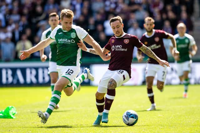 Hibs' Chris Cadden and Hearts' Barrie McKay in action during the Edinburgh derby at Easter Road in August.  (Photo by Alan Harvey / SNS Group)