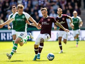 Hibs' Chris Cadden and Hearts' Barrie McKay in action during the Edinburgh derby at Easter Road in August.  (Photo by Alan Harvey / SNS Group)