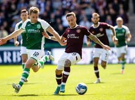 Hibs' Chris Cadden and Hearts' Barrie McKay in action during the Edinburgh derby at Easter Road in August.  (Photo by Alan Harvey / SNS Group)