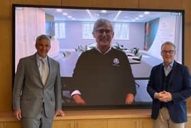 PGA Tour commissioner Jay Monahan, left, and European Tour chief executive Keith Pelley, right, pictured with European Tour chairman David Williams. Picture: European Tour