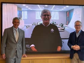 PGA Tour commissioner Jay Monahan, left, and European Tour chief executive Keith Pelley, right, pictured with European Tour chairman David Williams. Picture: European Tour