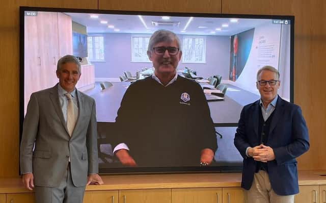PGA Tour commissioner Jay Monahan, left, and European Tour chief executive Keith Pelley, right, pictured with European Tour chairman David Williams. Picture: European Tour