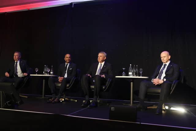 (Left to Rifght) former Rangers chairman Fraser Thornton, vice chairman Paraag Marathe, chairman Andrew Cavenagh and chief executive Patrick Stewart