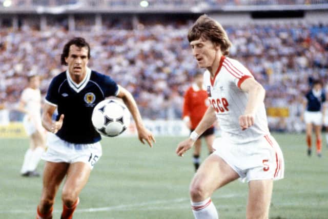 Tussling with Joe Jordan in the 1982 World Cup group game in Malaga