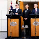 Australia's Prime Minister Anthony Albanese Minister for Defence Richard Marles and Minister for Defence Industry Pat Conroy, along with the Chief of the Defence Force, General Angus Campbell at the launch of the country's biggest defence shakeup in decades.