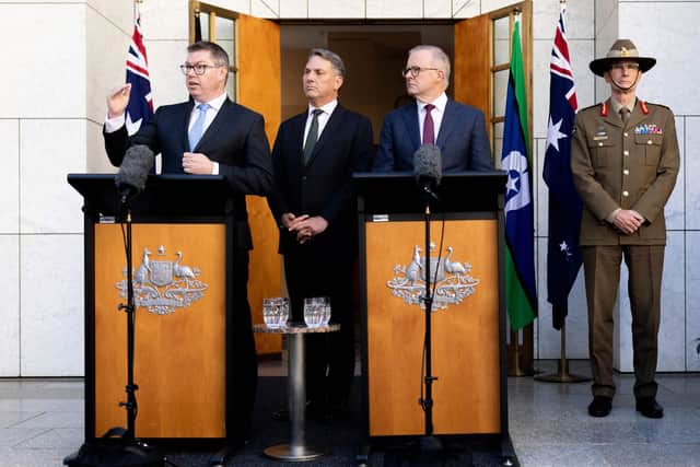 Australia's Prime Minister Anthony Albanese Minister for Defence Richard Marles and Minister for Defence Industry Pat Conroy, along with the Chief of the Defence Force, General Angus Campbell at the launch of the country's biggest defence shakeup in decades.