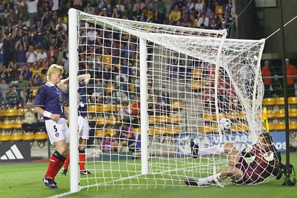 Scotland concede to Morocco in a 3-0 defeat in the final group fixture at the 1998 World Cup in France.(Photo by GERARD MALIE/AFP via Getty Images)