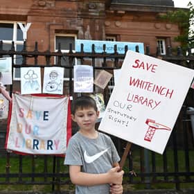 Campaigners have fought to get Whiteinch Library open for the past nine months. Tomorrow (Monday), it will finally open its doors.  Pictured are supporters Maureen Cannell (59) with  grand children, Mallory (5 months) and Mathew Gallacher, during the summer. PIC: John Devlin.