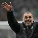 Celtic manager Ange Postecoglou takes the acclaim of the support after beating Rangers 1-0.