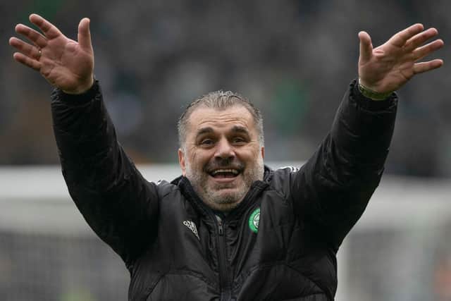 Celtic manager Ange Postecoglou takes the acclaim of the support after beating Rangers 1-0.