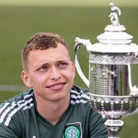 Alistair Johnston with the Celtic Scottish Cup ahead of the final against Inverness at Hampden. (Photo by Craig Williamson / SNS Group)