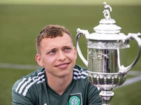 Alistair Johnston with the Celtic Scottish Cup ahead of the final against Inverness at Hampden. (Photo by Craig Williamson / SNS Group)