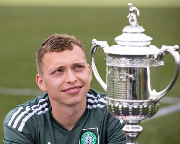 Alistair Johnston with the Celtic Scottish Cup ahead of the final against Inverness at Hampden. (Photo by Craig Williamson / SNS Group)