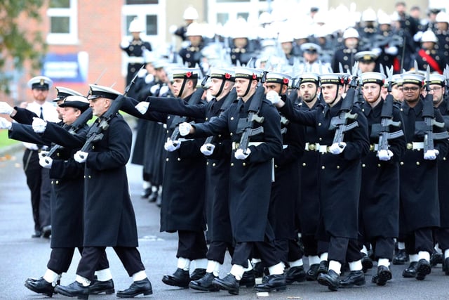 The Royal Navy's Ceremonial Guard in their final rehearsal for their duties at the Cenotaph in London, on Remembrance Sunday. They were photographed at Whale Island, Portsmouth. Picture: Chris Moorhouse   (jpns 101121-21)