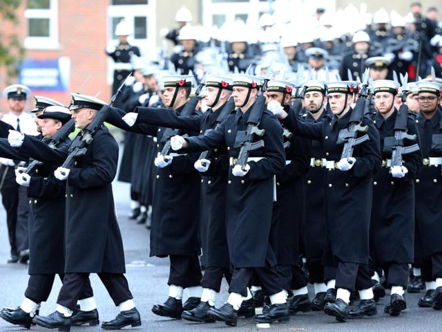 The Royal Navy's Ceremonial Guard in their final rehearsal for their duties at the Cenotaph in London, on Remembrance Sunday. They were photographed at Whale Island, Portsmouth. Picture: Chris Moorhouse (jpns 101121-21)
