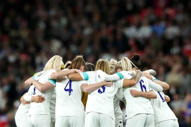 Players of England huddle prior to the Women's International Friendly match between England and USA at Wembley last week. (Photo by David Rogers/Getty Images)
