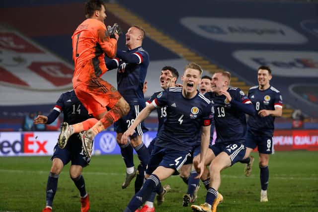 Scotland secured qualification in dramatic style in Belgrade with the penalty shoot-out win over Serbia  (Photo by Srdjan Stevanovic/Getty Images)