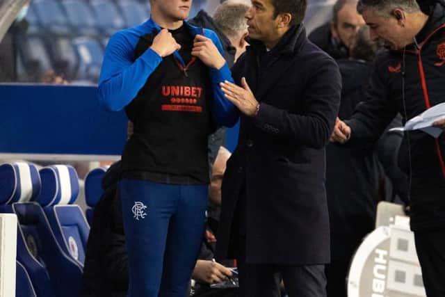 Rangers manager Giovanni van Bronckhorst  with Nathan Patterson. (Photo by Alan Harvey / SNS Group)