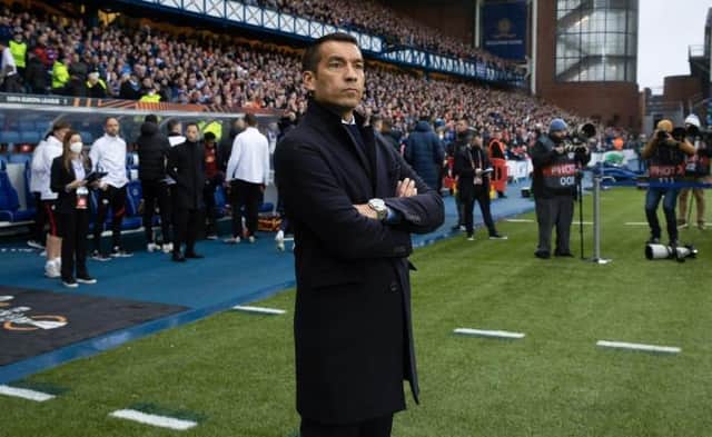 Rangers manager Giovanni van Bronckhorst during a UEFA Europa League Semi-Final match between Rangers and RB Leipzig at Ibrox Stadium, on May 05, 2022, in Glasgow, Scotland. (Photo by Alan Harvey / SNS Group)