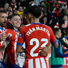 Girona players celebrate a goal against Athletic Club Bilbao at the Montilivi Stadium in Girona on November 27, 2023. (Photo by JOSEP LAGO/AFP via Getty Images)