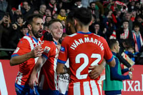 Girona players celebrate a goal against Athletic Club Bilbao at the Montilivi Stadium in Girona on November 27, 2023. (Photo by JOSEP LAGO/AFP via Getty Images)