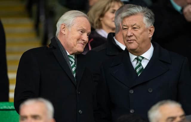 Celtic chairman Ian Bankier (left) with chief executive Peter Lawwell (right) - a man he believes is among the best business minds he has known, despite the criticism levelled at him by an increasingly disaffected support. (Photo by Craig Williamson / SNS Group)