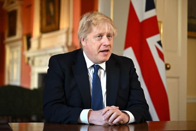 Prime Minister Boris Johnson records an address at Downing Street after he chaired an emergency Cobra meeting to discuss the UK response to the crisis in Ukraine in London. Picture: Jeff J Mitchell/PA Wire