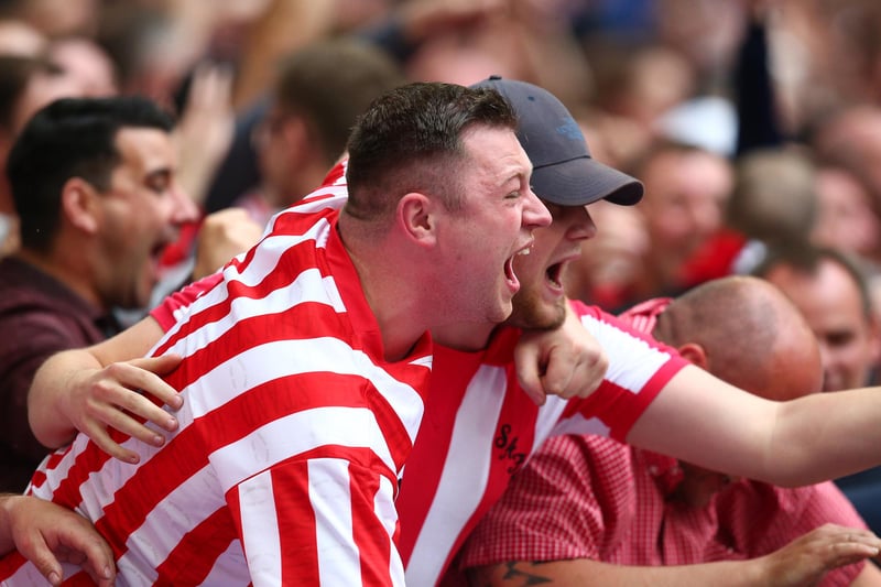 Fans of Sunderland celebrate during the Sky Bet League One Play-off final match between Charlton Athletic and Sunderland at Wembley Stadium on May 26, 2019.