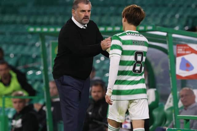 Celtic Manager Ange Postecoglou with Celtic’s Kyogo Furuhashi during a UEFA Europa League 2nd Leg Qualifer between Celtic and Jablonec at Celtic Park, on August 12, 2021, in Glasgow, Scotland. (Photo by Craig Williamson / SNS Group)