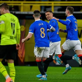 Rangers' English defender James Tavernier (C) celebrates scoring the opening goal in Dortmund on February 17, 2022. (Photo by SASCHA SCHUERMANN/AFP via Getty Images)