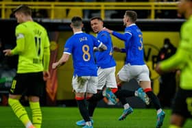 Rangers' English defender James Tavernier (C) celebrates scoring the opening goal in Dortmund on February 17, 2022. (Photo by SASCHA SCHUERMANN/AFP via Getty Images)