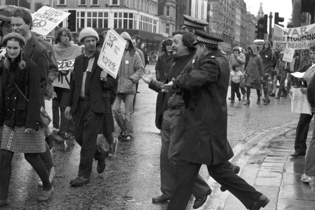 Members of the Edinburgh Stop The War Committee and CND protest about sending the British fleet to the Falklands in May 1982.