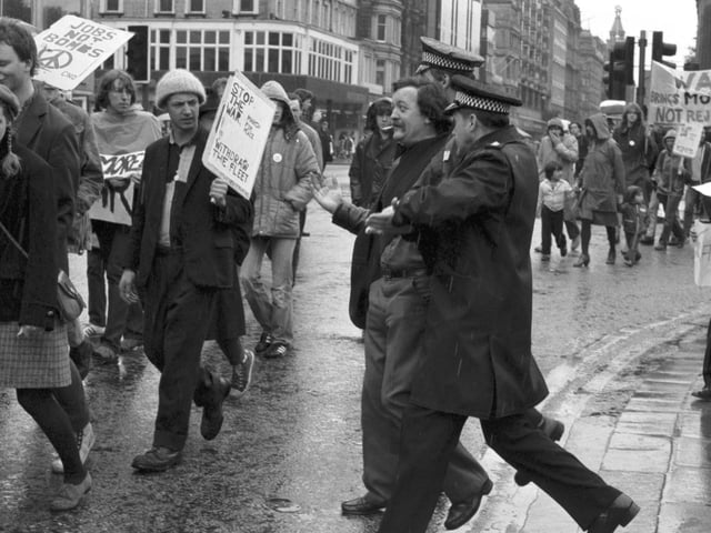 Members of the Edinburgh Stop The War Committee and CND protest about sending the British fleet to the Falklands in May 1982.