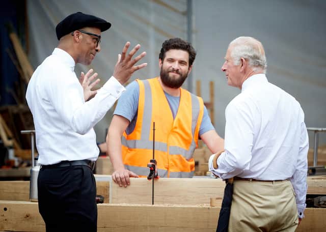 The King, then Prince of Wales and Jay Blades (left) who will appear in a special episode of The Repair Shop as part of the BBC's centenary celebrations. Issue date: Tuesday October 11, 2022.