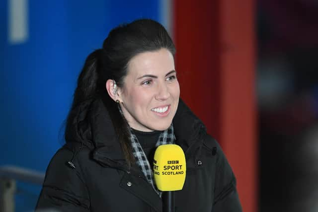 BBC pundit Leanne Crichton during a cinch Championship match between Hamilton Academical and Inverness Caledonian Thistle at the FOYS Stadium, on February 25, in Hamilton, Scotland. (Photo by Ross MacDonald / SNS Group)