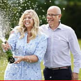 Joe Thwaite, 49, and Jess Thwaite, 46, from Gloucestershire celebrate after winning the record-breaking EuroMillions jackpot of £184m