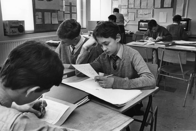 A lesson at St Wilfrid's School in 1987 and pictured are Neil McLouglin, with back to camera; Darryl Payne, left; and Peter Brown.