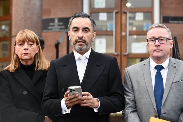 Lawyer Aamer Anwar with Linda and Stuart Allan outside Falkirk Sheriff Court, where a Fatal Accident Inquiry is taking place into their daughter Katie's death and that of William Brown



Pictured: Linda Allan; Aamer Anwar, solicitor and Stuart Allan.



A statement by Aamer Anwar solicitor on behalf of John Reilly brother of William Lindsay (Brown) and Linda Allan and Stuart Allan, parents of Katie Allan.



The Joint Fatal Accident Inquiry into the suicides of Katie Allan and William Lindsay that took place in 2018 at Polmont Young Offender’s Institution, is to begin on the 8th of January 2024 at 10am, at Falkirk Sheriff Court. The Inquiry is set to last around three weeks. Katie’s parents Linda and Stuart are both expected to commence their evidence at the start of the Inquiry.