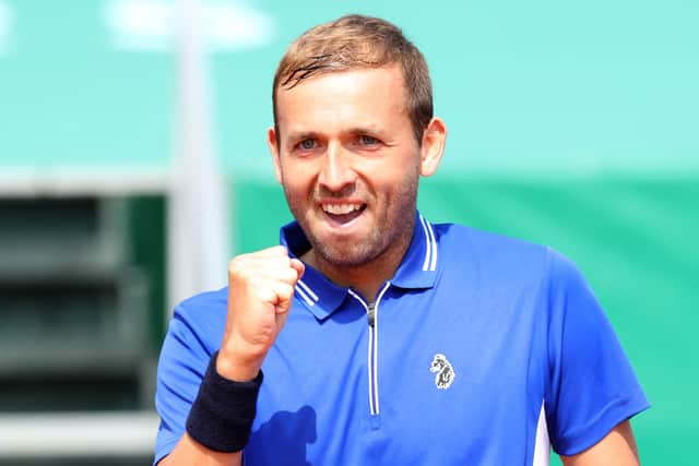 Dan Evans celebrates winning his quarter-final against Novak Djokovic at the Rolex Monte Carlo Masters. Picture: Alexander Hassenstein/Getty Images