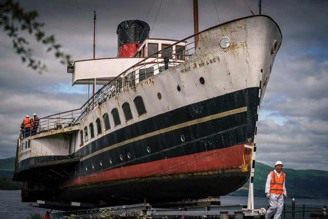 The Maid of the Loch is brought ashore for vital restoration work. Picture: Jamie Simpson/PA Wire