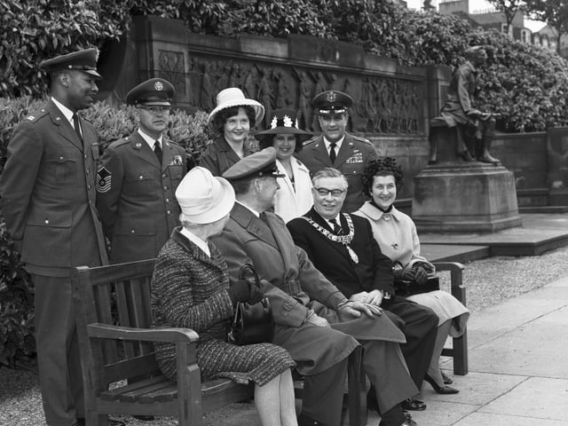 Members of the US Air Force, stationed at Kirknewton, are pictured presenting a Princes Street Gardens park bench to Edinburgh Corporation, represented by Lord Provost Brechin, in 1966.