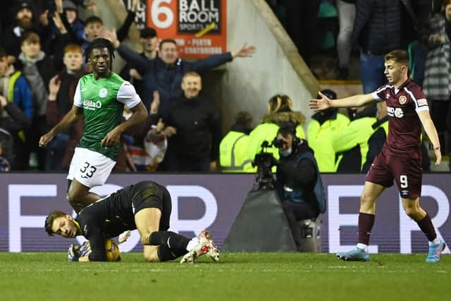 Kevin Dabrowski made his Hibs debut against Hearts in a goalless Edinburgh derby in February last year. (Photo by Paul Devlin / SNS Group)