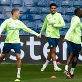 On loan PSV Eindhoven forward Malik Tillman (centre) training back at Ibrox last night on the eve of the first leg of his side's Champions League play-off tie against Rangers (Photo by Craig Williamson / SNS Group)
