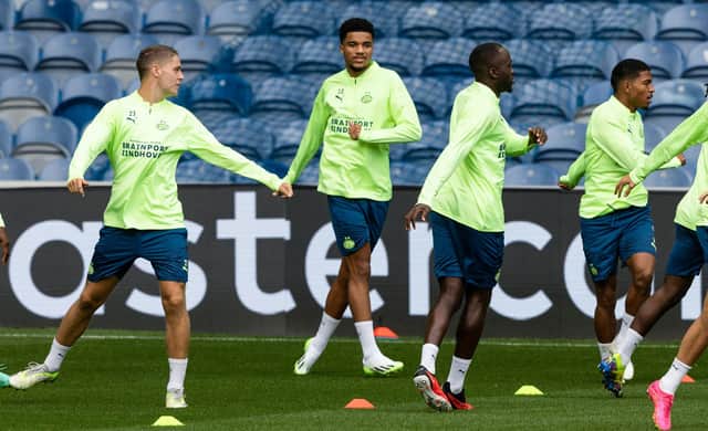On loan PSV Eindhoven forward Malik Tillman (centre) training back at Ibrox last night on the eve of the first leg of his side's Champions League play-off tie against Rangers (Photo by Craig Williamson / SNS Group)