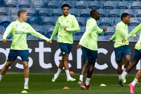 On loan PSV Eindhoven forward Malik Tillman (centre) training back at Ibrox last night on the eve of the first leg of his side's Champions League play-off tie against Rangers (Photo by Craig Williamson / SNS Group)