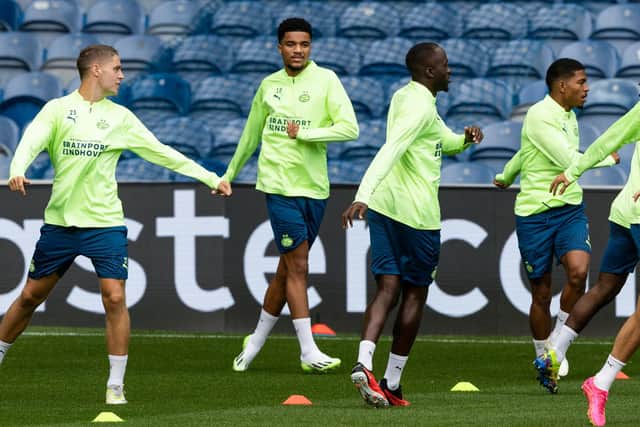 On loan PSV Eindhoven forward Malik Tillman (centre) training back at Ibrox last night on the eve of the first leg of his side's Champions League play-off tie against Rangers (Photo by Craig Williamson / SNS Group)
