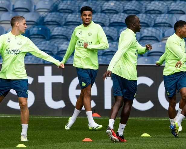 On loan PSV Eindhoven forward Malik Tillman (centre) training back at Ibrox last night on the eve of the first leg of his side's Champions League play-off tie against Rangers (Photo by Craig Williamson / SNS Group)